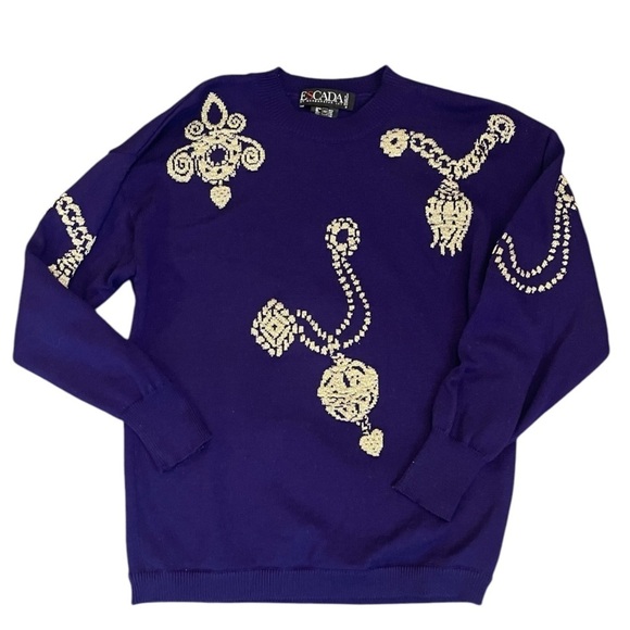 Escada by Margaretha Ley Vintage Purple Wool Sweater w/ Gold Embroidery Size 38 - Picture 3 of 15